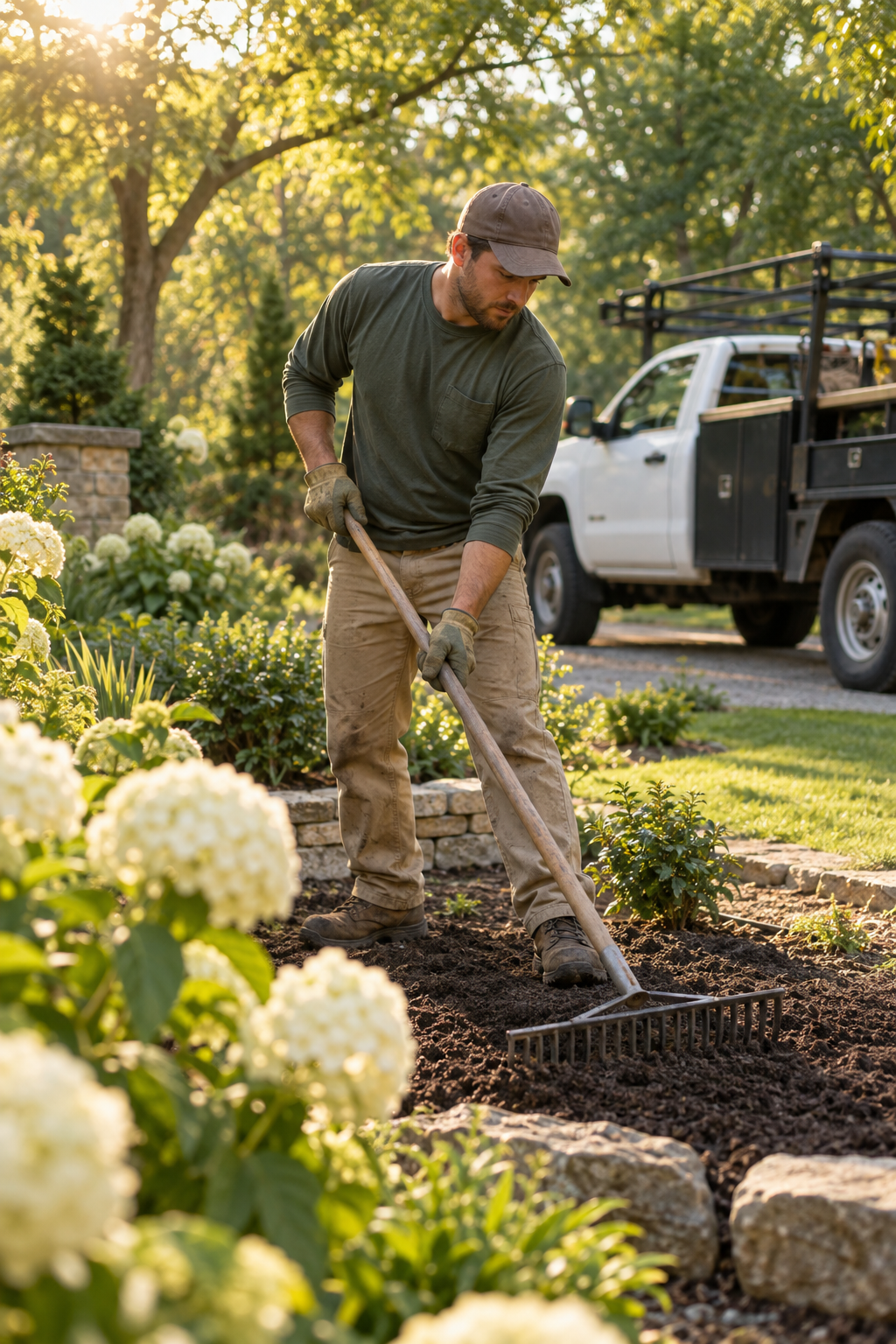 Illustrative image of a landscaper working beside a service truck