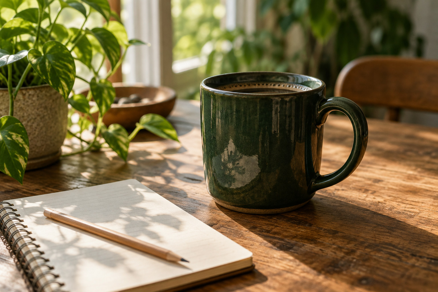 Green mug and notebook on a desk