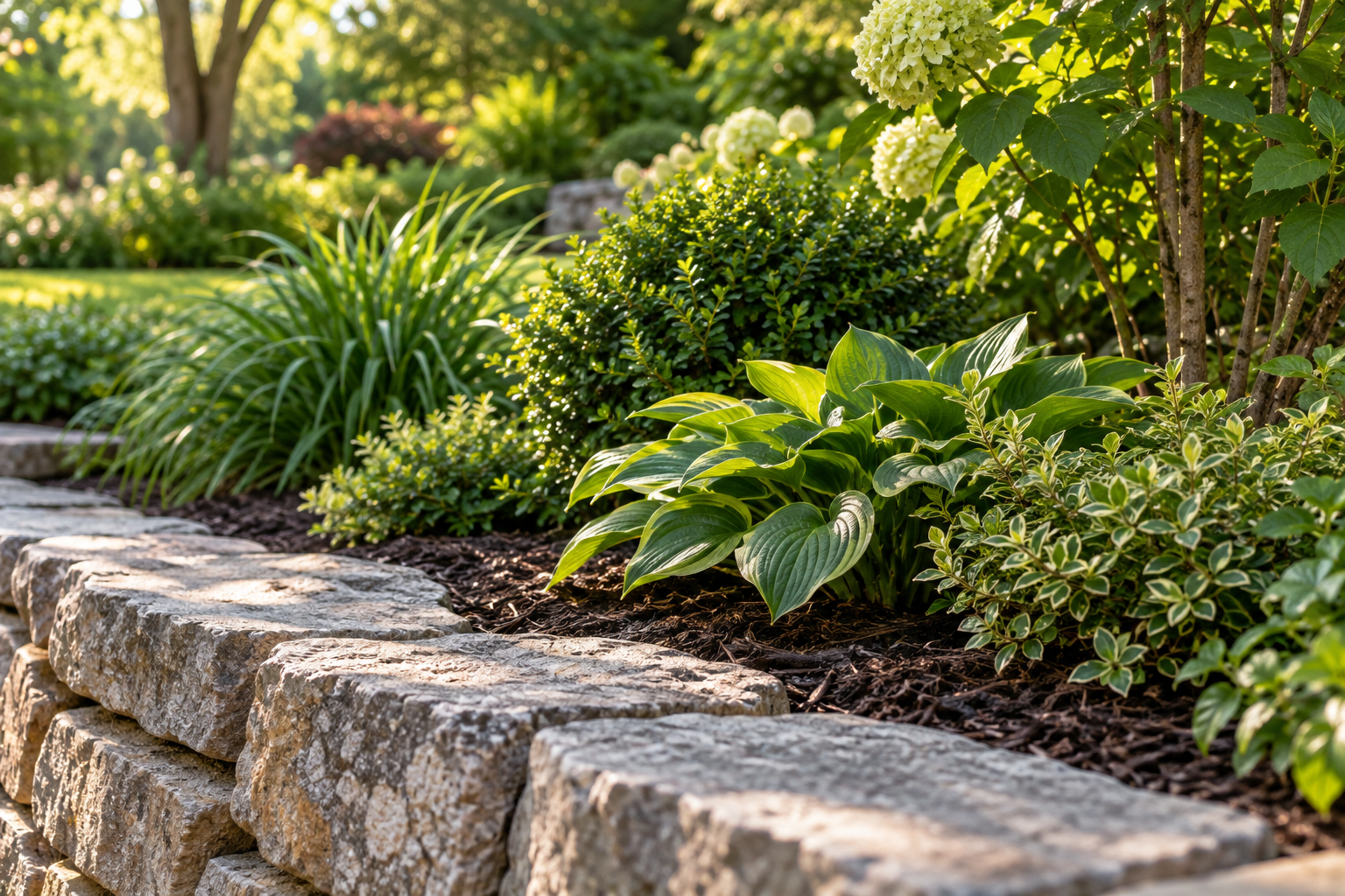 Fresh planting and stone edging in a garden